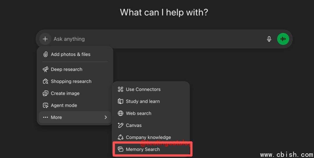 ChatGPT 记忆搜索界面示意图