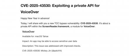 macOS VoiceOver漏洞可被滥用以绕过隐私控制，Apple已在12月更新中修复