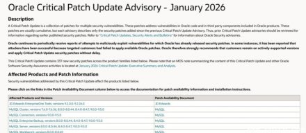 Oracle发布2026年1月关键补丁更新，涵盖多项CVSS满分重大漏洞