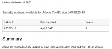 Adobe发布4月例行更新，呼吁优先修补ColdFusion