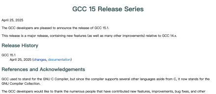 GCC 15.1採用C23为预设标準，同步纳入Rust与COBOL支援