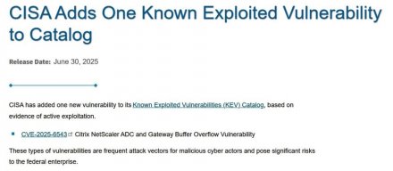 CISA将Citrix NetScaler重大漏洞CVE-2025-6543列入KEV