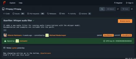 影音处理框架FFmpeg 8.0新增Whisper过滤器，让影片转档可同步语音转录