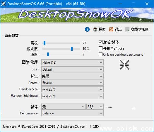 DesktopSnowOK(桌面下雪效果工具) v6.71 多语便携版