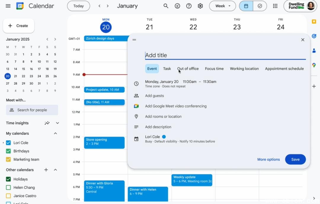 Google 日历任务时段功能示意图