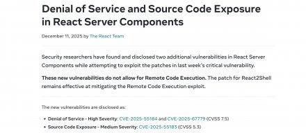 React服务器组件补丁修复DoS与源代码泄露漏洞