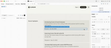 AI代码编辑器Cursor支持开发者拖拽调整UI，再由代理自动回写代码库