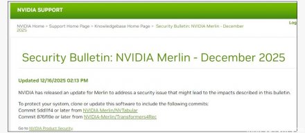 Nvidia修复推荐系统框架Merlin高危漏洞