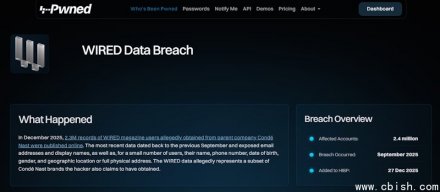 黑客声称窃取Wired数据库，泄露230万条记录