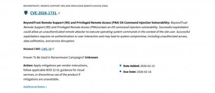 BeyondTrust RS 和 PRA 存在命令注入漏洞，CISA 列入 KEV 漏洞清单并设定限期修复