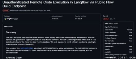 大型语言模型开发工具Langflow存在严重漏洞，未经验证的攻击者可利用该漏洞执行任意代码