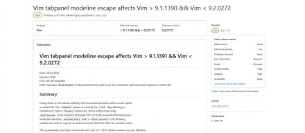 Vim文本编辑器修复重大漏洞，未更新可能导致远程执行代码