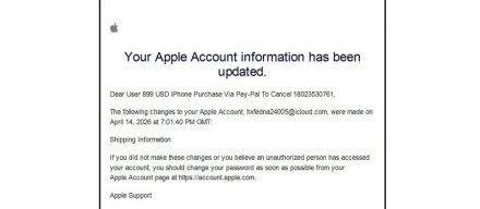 苹果账号变更通知被滥用，有攻击者利用其发送钓鱼邮件，官方通知机制反而成为攻击渠道