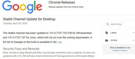 谷歌发布Chrome浏览器更新，修复30个安全问题，含4个重大漏洞