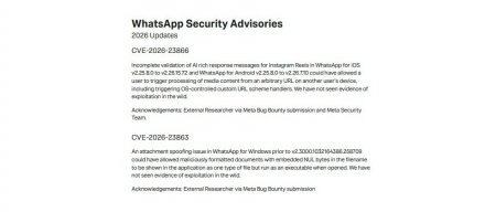 WhatsApp修复了可被恶意链接触发的漏洞，若未更新，可能被利用通过短视频作为攻击入口