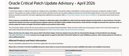 Oracle发布2026年4月关键补丁更新，共修复241项漏洞，包含多项重大与高风险漏洞