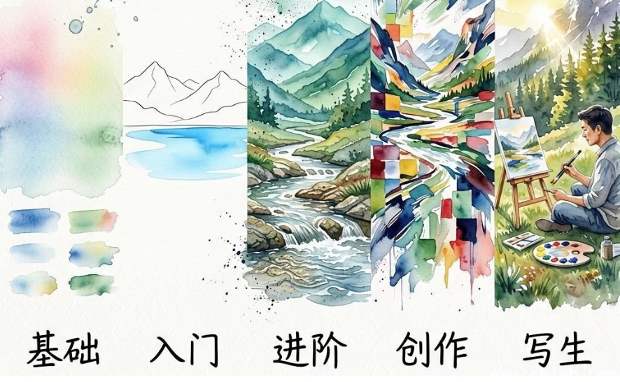水彩风景五合一课程示意图