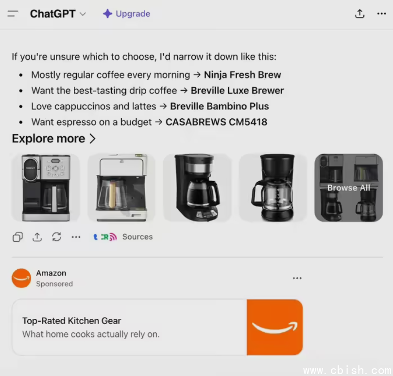 亚马逊在ChatGPT的广告推送界面