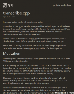 Handy作者开源transcribe.cpp：支持60+转录模型，可GPU加速，宣称即插即用替代Whisper.cpp