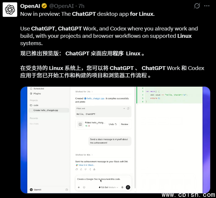 Linux 版 ChatGPT 桌面端应用界面