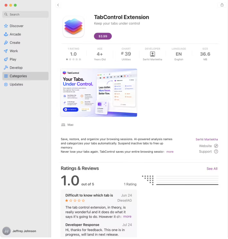 TabControl 应用截图显示疑似虚假的 4.9 分评分