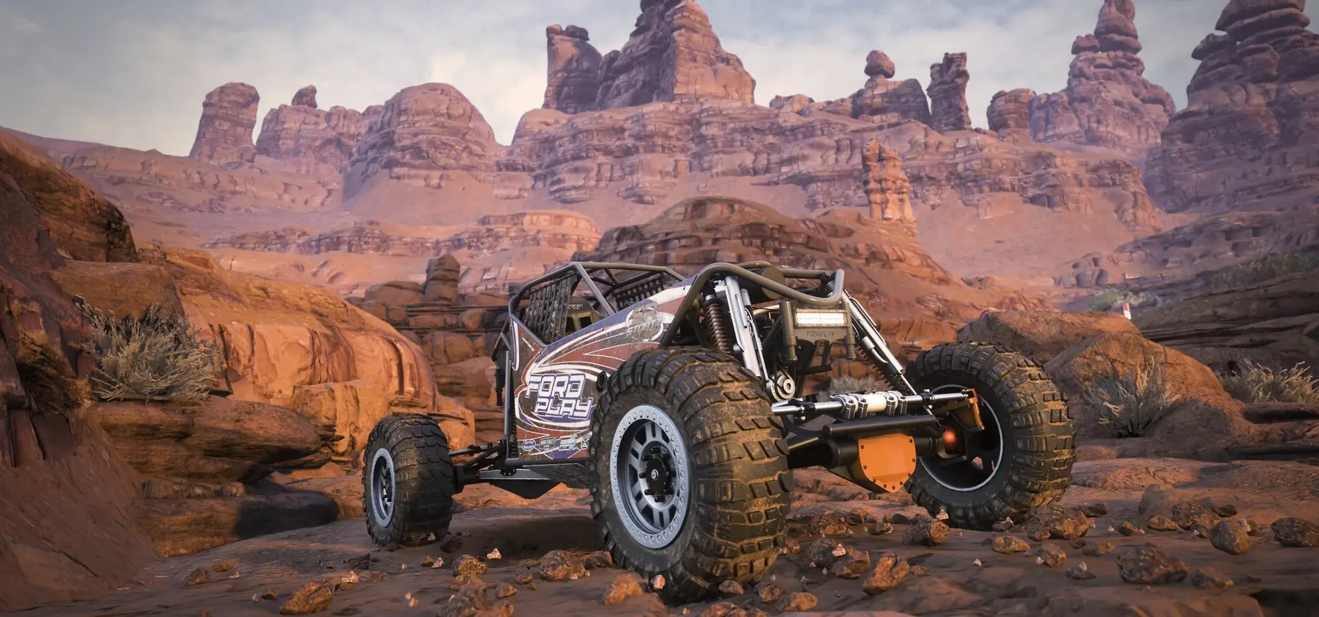 Overpass 2 游戏实机画面:车辆飞跃悬崖,尘土飞扬,背景为壮丽山地日落