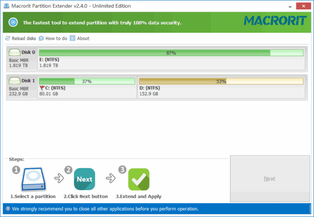 Macrorit Partition Extender 软件界面截图